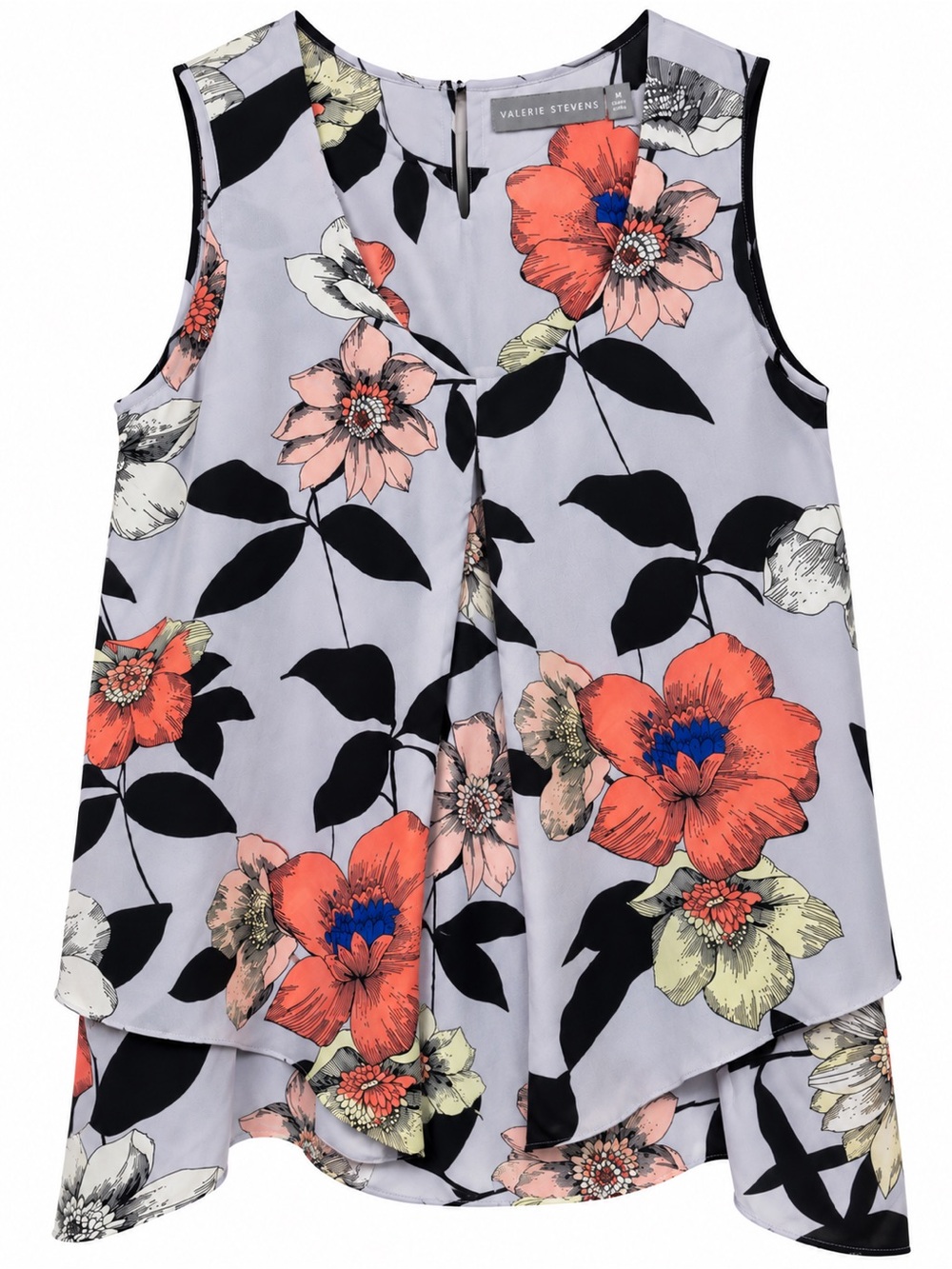 Valerie Stevens Medium Floral Split Front Sleeveless Blouse Layered Black Coral